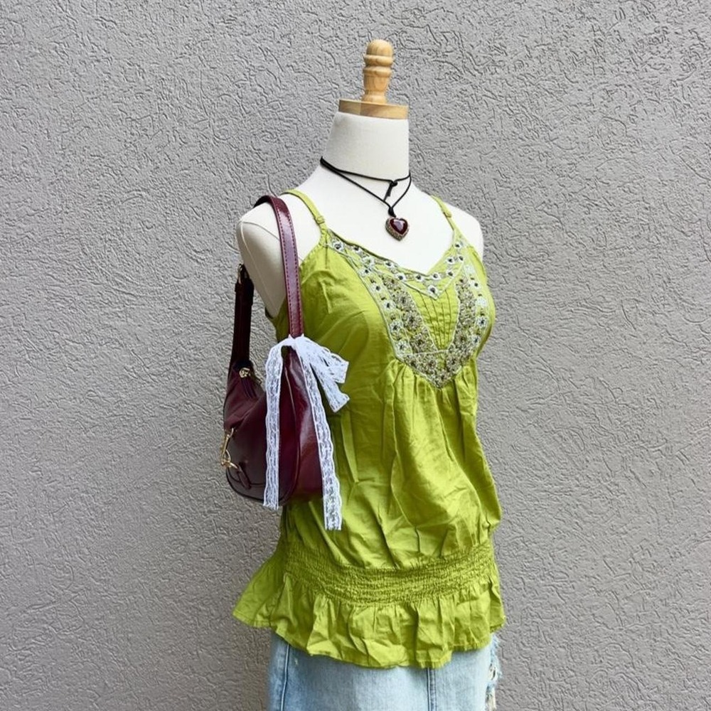 Vintage Y2K Apt 9 Lime Green Beaded Tank Top Size Large Boho Festival - Picture 6 of 8